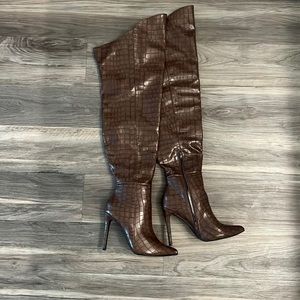 Over the knee crocodile brown heel boots